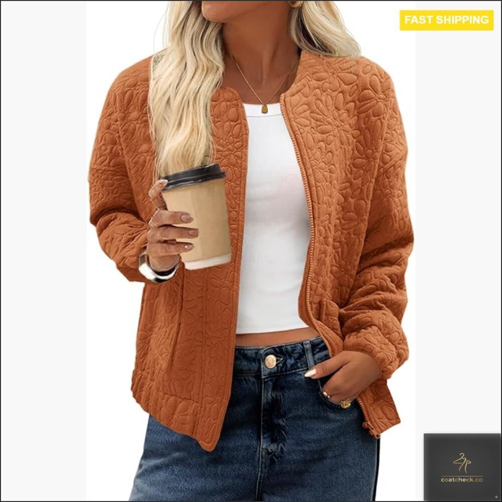 Lightweight Jacquard Bomber Jacket Zip Up Varsity Style Fall Casual